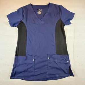 Beverly Hills Uniforms Scrub Top Navy Blue Black Side Panels V-Neck XS 2353